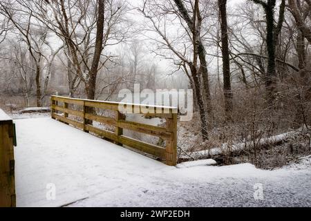 Blick auf die Winterlandschaft am Watauga River im Sycamore Shoals State Historic Park in Elizabethton, Tennessee, USA Stockfoto