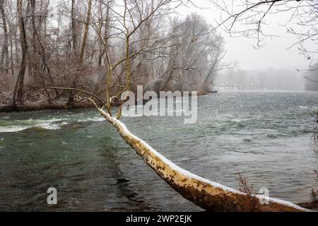 Blick auf die Winterlandschaft am Watauga River im Sycamore Shoals State Historic Park in Elizabethton, Tennessee, USA Stockfoto