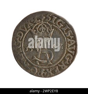 Litauische Trojak-Münze, die 1562 während der Regierungszeit von Zygmunt II. August, König von Polen, als Währung im Polnisch-litauischen Commonwealth ausgegeben wurde. Stockfoto