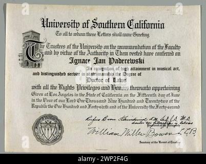 Diplom zu Ignacy Jan Paderewskis Titel des Doktors der Rechte der University of Southern California in Los Angeles am 15. Juni 1922; Pacific eng. (Los Angeles; Graphic Zak 1922 (1922-00-00-1922-00-00); Paderewski, Ignacy Jan (1860-1941), Paderewski, Ignacy Jan (1860-1941)- Sammlung, University of Southern California (Los Angeles, Vereinigte Staaten von Amerika- 1880-), Geschenk (Provenienz), Diplome, Testamente (Provenienz) Stockfoto