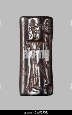 Zylindrisches Siegel aus der albabylonischen Zeit (ca. 1800-1701 v. Chr.) mit Darstellungsszenen mit mythologischen Figuren wie Iddin-Enlil, Ishtar, Nergal, Sünde, Sin-Magir, und Schamasch, aus Sammlungen von Maria Ludwika Czartoryska und Izabela Działyńska. Stockfoto