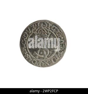 Silberne Litauische Trojak-Münze, die 1562 unter König Zygmunt II. August ausgegeben wurde und das königliche Monogramm und die Wertmarkierungen darstellt. Stockfoto