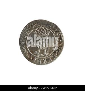 1563 Münze, bekannt als Litauischer Trojak, ausgegeben unter König Zygmunt II. August, mit symbolischen Entwürfen und Inschriften, die Gabriel Tarło zugeschrieben wurden, in Litauen im Umlauf. Stockfoto