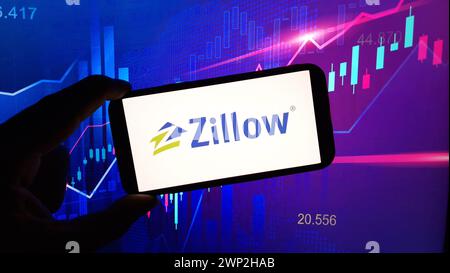 Konskie, Polen - 03. März 2024: Firmenlogo der Zillow Group Inc. Auf dem Mobiltelefon Stockfoto