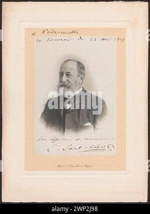 Porträt von Camille Saint-Saëns (1835–1921) mit Widmung für Ignacy Jan Paderewski; Fotografie Nouvelle (Béziers; Fotostudio; FL. CA 1905); 1909 (1909-00-00-1909-00); Paderewski, Ignacy Jan (1860-1941), Paderewski, Ignacy Jan (1860-1941)-Widmung für, Paderewski, Ignacy Jan (1860-1941)-Ikonographie, Paderewski, Ignacy Jan (1860-1941)-Sammlung, Saint-Saëns , Camille (1835-1921), Saint-Saëns, Camille (1835-1921) - Widmung aus Saint-Saëns, Camille (1835-1921)-Ikonographie, Autogramme, Widmung, Französisch (Kultur), Komponisten, Musiker, Pianisten, Porträts, Männerporträts, Testament Stockfoto