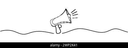 Durchgängige einzeilige Kunstzeichnung von Megaphon-Lautsprechern für Nachrichten und Werbung. Vektorabbildung Stock Vektor
