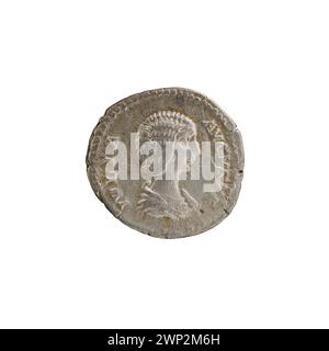 Denar, ausgestellt zwischen 198 und 209 unter der römischen Kaiserin Julia Domna, mit Porträt und Standard-kaiserlichen Inschriften. Stockfoto
