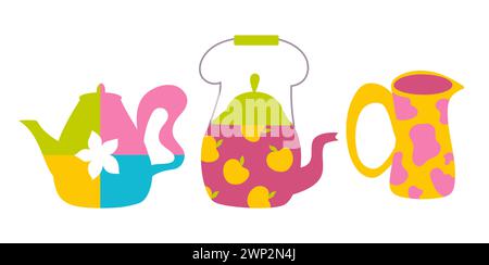 Farbenfrohe handgezeichnete eklektische Teekannen. Stock Vektor