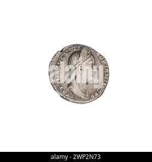 Denar-Münze, die zwischen 128 und 134 unter Hadrian und Sabina ausgegeben wurde und Concordia und Spes mit Paterie und Büsten darstellt. Stockfoto
