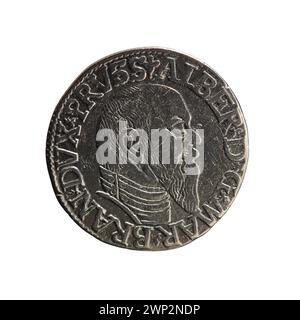Trojak-Silbermünze, 1546 von Maciej Schilling ausgegeben, mit Inschriften und Bildern, die typisch für die polnische Prägung des 16. Jahrhunderts sind. Stockfoto