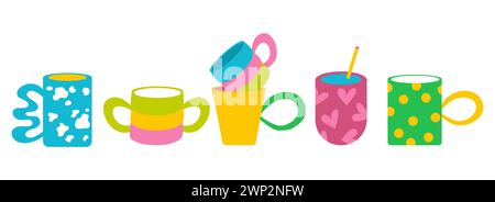 Buntes Set handgezeichneter Becher. Vektordesign von eklektischem Küchengeschirr. Stock Vektor