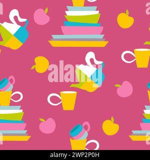 Hellrosa Muster mit Teekanne, Tasse und Äpfeln. Farbenfrohes, nahtloses Design mit eklektischer Kücheneinrichtung. Stock Vektor