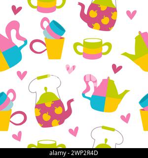 Nahtloses Muster mit Teekanne, Tasse und Herz auf weißem Hintergrund. Farbenfrohes Design mit eklektischer Kücheneinrichtung. Stock Vektor