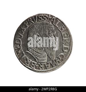 Trojak-Silbermünze, 1545 von Jost Ludwik Decjusz und Maciej Schilling ausgegeben, mit Inschriften und Bildern, die typisch für polnische Münzprägungen des 16. Jahrhunderts sind. Stockfoto