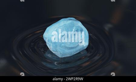 Ein Stück Eis schwimmt und schmilzt in einer Frühlingspfütze. Frühlingstropfen, schmelzender Schnee. Dunkler Hintergrund mit Copyspace. 3D-Rendering, 3D-Abbildung. Stockfoto