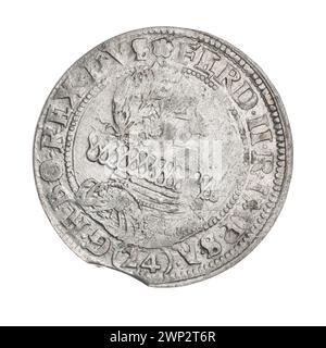 24 Krajcary; Ferdinand II. (Römisch-deutscher Kaiser; 1619–1637), Kirchner, Samuel (FL. 1621–1622); 1622 (1622-00-00-1622-00-00);Ferdynand II (römisch-deutscher Kaiser-1617-1637), Ferdynand II (römisch-deutscher Kaiser-1617-1637)-Ikonographie, vierpolnisches Wappen, Stadtwappen in der Kerza, Männerbüste im Lorbeerkranz, Männerbüste in Rüstung, Männerporträt rechts, Porträts der Herrscher, Wappen, Świdnica Kräuterschild (ikonogr). Stockfoto