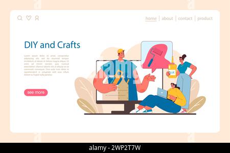 DIY- und Bastelkonzept. Home-Projekte und kreative Hobbys werden online präsentiert. Die Community wird zusammengestellt, um Inspirationen und Anleitungen zu teilen. Wir feiern Handarbeit und Einfallsreichtum. Illustration des flachen Vektors. Stock Vektor