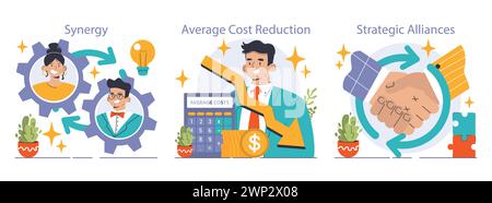 Vertikales Integrationsset. Optimierung und Kontrolle der Lieferkette des Unternehmens. Geschäftsstrategie von der Fertigung bis zum Vertrieb. Optimierte Produktionsabläufe, Effektivität und Qualität. Illustration des flachen Vektors Stock Vektor