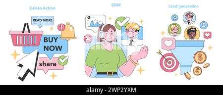 Digitales Marketing. Ansprechende Handlungsaufforderungsschaltflächen, aufschlussreiche CRM-Analysen, vielfältige Teamentwicklung zur Lead-Generierung. Klicks, Freigaben und Konvertierungsziele. Illustration des flachen Vektors. Stock Vektor