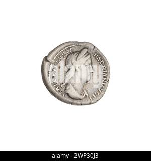 Denar-Münze, die zwischen 128 und 134 unter Hadrian und Sabina ausgegeben wurde und Pudicitia mit Büsten und Schleiern darstellt. Stockfoto