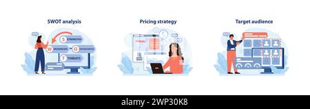 Unternehmensstrategien festgelegt. Frau analysiert Stärken und Schwächen, legt Preisstrategien fest und ermittelt die Zielgruppe. Fundierte Entscheidungen, rentable Ergebnisse. Illustration des flachen Vektors Stock Vektor