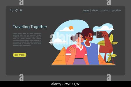 Gemeinsam reisen. Freunde halten Erinnerungen mit einem Selfie vor den legendären Pyramiden fest. Genießen Sie gemeinsame Abenteuer an neuen Reisezielen. Kulturelle Entdeckungen. Illustration des flachen Vektors. Stock Vektor