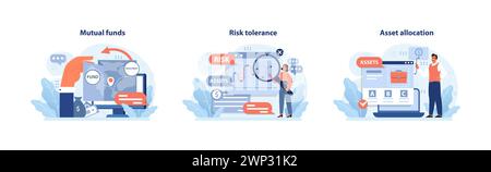 Anlagestrategien festgelegt. Vielfältiges Portfoliomanagement mit Investmentfonds, Bewertung von Marktrisiken und optimale Asset Allocation. Fundierte finanzielle Entscheidungen treffen. Illustration des flachen Vektors Stock Vektor