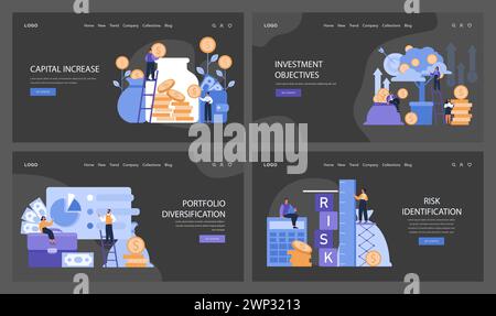 Investitionsziele im Dunkeln- oder Nachtmodus Web oder Landeset. Kapitalwachstum, Festlegung von Investitionszielen, Portfoliodiversifizierung und Risikobeurteilung. Finanzwesen. Illustration des flachen Vektors. Stock Vektor