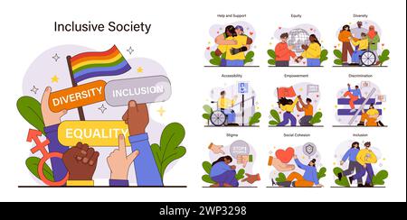 Integrative Gesellschaft. Harmonische Vielfalt und Gleichberechtigung. Einheit in Geschlechts-, Rassen- und Behindertenrepräsentation. Allgemeine Akzeptanz und Solidarität. Illustration des flachen Vektors. Stock Vektor
