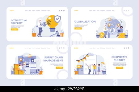 Nachhaltigkeit und betriebliche Prozesse Web- oder Landing-Page-Set. Präsentation von Rechten an geistigem Eigentum, globale Markterweiterung, Beherrschung der Lieferkette und Förderung der Unternehmenskultur. Stock Vektor