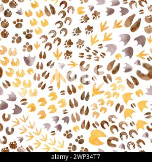 Nahtloses Muster von Tierfußabdrücken. Cartoon Pfotenform von Wolf, Pferd und Hund. Hintergrund für Kinder mit Haustieren. Stockfoto
