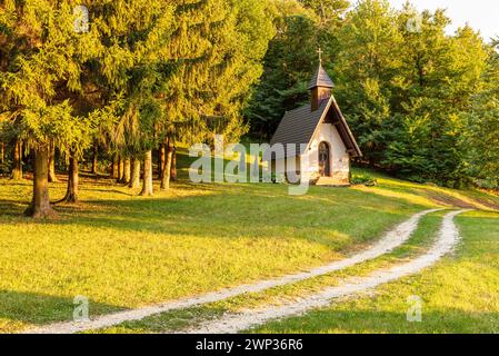 Landschaft Sloweniens. Ein Weg führt zur kleinen Grilova-Kapelle am Rande des Tannenwaldes Stockfoto