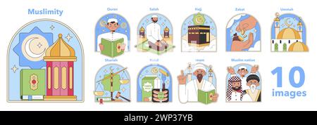 Moslemity Set. Illustrationen islamischer Praktiken, einschließlich Koranlesen, Gebet, Hajj, Wohltätigkeit und Einheit der Gemeinschaft. Illustration des flachen Vektors. Stock Vektor