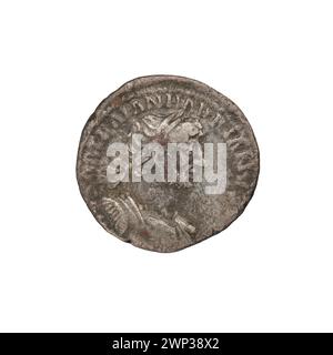 Silberdenar aus dem Jahr 119-122 n. Chr. zeigt Fortuna mit Büste, Hörnern des Überflusses, Zügeln und Lorbeerkränzen, ausgestellt unter Kaiser Hadrian. Stockfoto