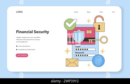 Financial Security Concept. Schützen Sie Online-Transaktionen mit Verschlüsselung, abgeschirmten Anmeldungen und sicheren Passwörtern. Cybersicherheit in der Finanzbranche. Illustration des flachen Vektors. Stock Vektor