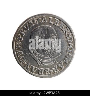 Silbertrojak, 1535 von Jost Ludwik Decjusz herausgegeben, mit polnischen Inschriften aus dem 16. Jahrhundert und dekorativen Motiven, die typisch für die Renaissance-Prägung sind. Stockfoto