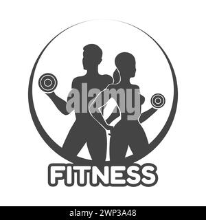 Design-Vorlage für Fitnesslogo, Design für Fitnessstudio und Fitnessclub. Logo mit sportlichen Männern und Frauen. Vektorabbildung. Es wurde keine AI verwendet. Stock Vektor