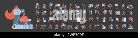 Einstellung der Arbeitsdynamik. Eine Reihe von Szenarien, in denen Profis im Unternehmensleben von der strategischen Planung bis hin zur Interaktion mit den Technologien demonstrieren. Integrative, moderne Arbeitsplatzthemen. Flacher Vektor. Stock Vektor