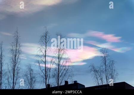 Schillernde Wolken (Regenbogenwolken) am Himmel am Abend mit Baum- und Haussilhouetten im Vordergrund. Stockfoto