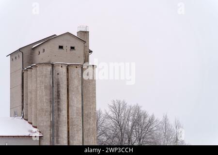 Schneebedeckter Betonsilo-Turm in einer Winterlandschaft während des Tages Stockfoto