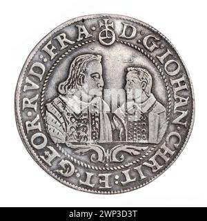 thaler; Jan Christian (KSI Legnica-Brzeski; 1591-1639), Jerzy Rudolf (KSI Legnica-Brzeski; 1595-1653); 1607 (1607-00-00-1607-00); Jan Christian (Prinz von Brest - 1591-1639), Jan Christian (Prinz von Brest - 1591 1595-1639) - Ikonographie Bogumił, Jerzy Rudolf (Prinz Legnica - 1595-1653), Jerzy Rudolf (Prinz Kannica - 1947 - 1653) Bogumił. Piasten (Familie), Brüder, zwei Brüste gegenüber, zwei Brüder (iconogr.), Herzogtum Brest (Wappen), Herzogtum Legnica-Brzeskie (Wappen), Buchstaben, Buchstaben, Buchstaben, Buchstaben, Buchstaben, Buchstaben, Buchstaben, Buchstaben, Stockfoto