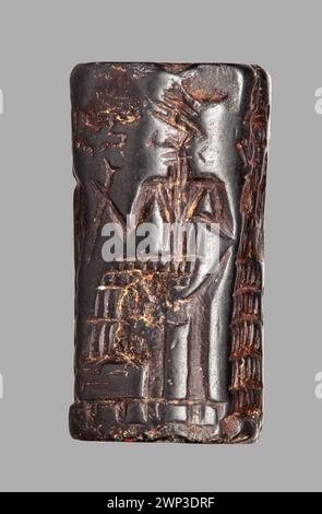 Zylindrisches Siegel aus der albabylonischen Zeit (ca. 1900–1701 v. Chr.) mit zwei Darstellungsszenen mit den Göttern Ishtar und Schamasch sowie Figuren mit gehörnten Diaeren und Schildkröten. Teil der Sammlungen Czartoryska und Działyńska. Stockfoto