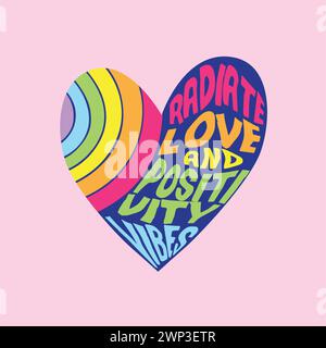 Rainbow Radiate Liebe und Positivität Herz Typografie T-Shirt Print Grafik Design Vektor Stock Vektor