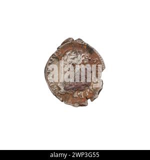 Römischer Denar, ausgestellt unter Hadrian 134–138, zeigt Felicitas mit Köpfen und Caduceus als Symbole von Wohlstand und Vermögen. Stockfoto