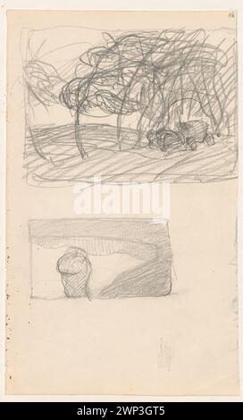 Zwei Skizzen von Ferdynand Ruszczyc aus den Jahren 1898–1899: Eine zeigt eine Kutsche unter Bäumen, die andere zeigt zwei Figuren in der Nähe des Wassers, die als Vorstudien für Gemälde erstellt wurden. Stockfoto