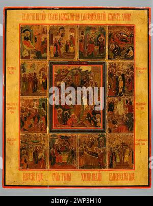 Icon: Die Auferstehung Christi und die zwölf der großen Kirche; unbekannte russische Werkstatt (1700-1970); 19. Jahrhundert (1801-00-00-1900-00-00);Adam (Bibel), Anna (Bibel), Anna Prophet (Bibel), Weihnachten (ikonogr.), Taufe Christi (ikonogr.), guter Bösewicht (ikonogr.), Ewa (Bibel), Johannes der Täufer (Heilige), Joachim (Heiliger), Józef (Heiliger), Geburt von Maria (ikonogr. - CA 64), Zunahme des Heiligen Kreuzes (iconogr.), Verklärung des Herrn (iconogr.) , Paradies (iconogr.), Begegnung des Herrn (iconogr.), Symeon Teofor (Heiliger), Heilige Dreifaltigkeit (icono Stockfoto