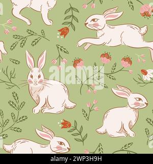 Osterrennen und sitzende Kaninchen, nahtloses Muster. Jahrgang blühende Kirsche, Bärenbeere. Stilisierte Retro-Illustration. Boho, rustikaler Stil. Für Wallpap Stock Vektor