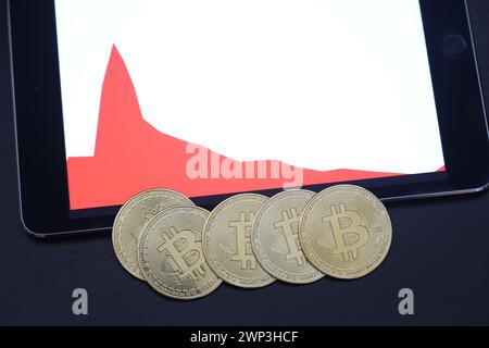 Symbolbild: Bitcoins vor einem Tablet mit Finanzdaten - der Bitcoin steht hoch im Kurs. Selbst Finanzdienstleister wie Paypal wollen die Kryptowährun Stockfoto
