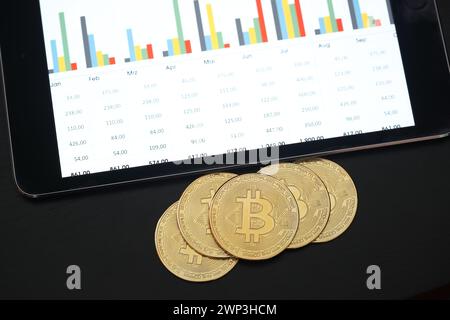 Symbolbild: Bitcoins vor einem Tablet mit Finanzdaten - der Bitcoin steht hoch im Kurs. Selbst Finanzdienstleister wie Paypal wollen die Kryptowährun Stockfoto