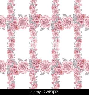 Nahtloses Muster mit Aquarellblumen rosa Vintage Handzeichnung Illustration im botanischen Stile. Hochzeitseinladung mit Kunstdruck, Gratin Stockfoto